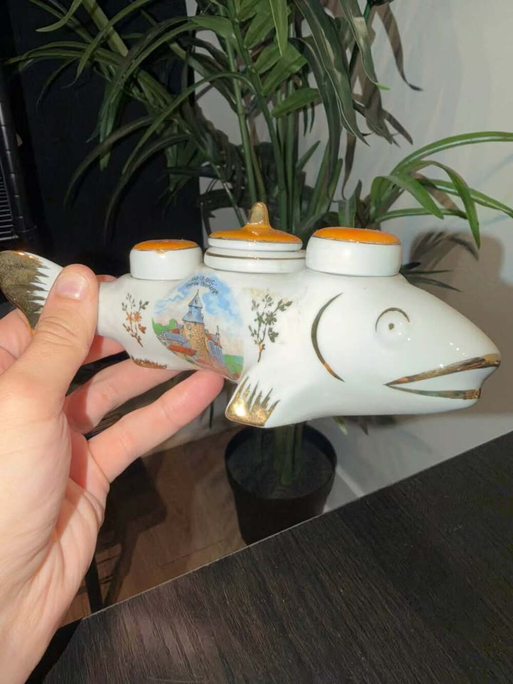 Vintage French Porcelain Fish Cruet Set Salt Pepper Mustard Bar-le-Duc Souvenir